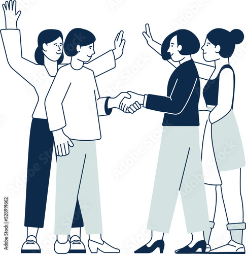 Women meeting and greeting each other with friendly gestures