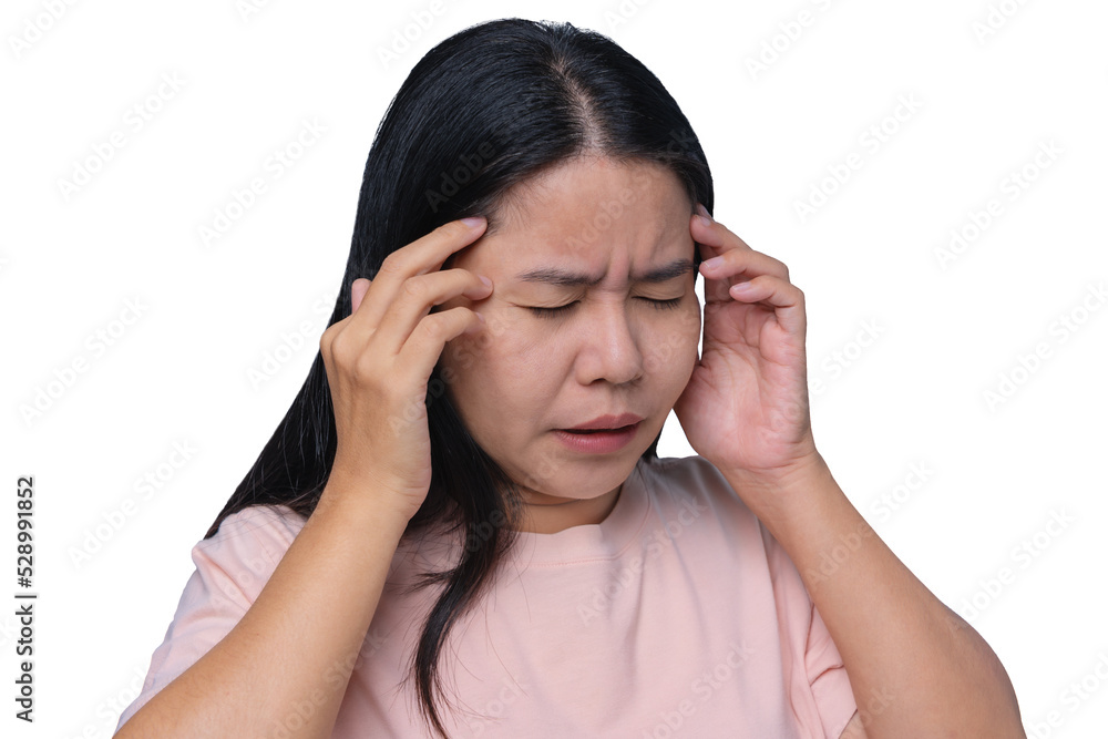 Asian women have severe headaches that can be caused by stress or anxiety, migraines, and chronic headaches. Close your eyes and touch your temples to relieve pain. isolated on a white background Asian women have severe headaches that can be caused by stress or anxiety, migraines, and chronic headaches. Close your eyes and touch your temples to relieve pain. isolated on a white background