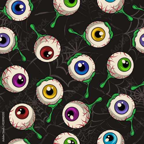 Halloween pattern with human eyeballs, drops of green snots, slime, grunge silhouette of spiderweb behind. Bright yellow, pink, red, purple, blue colors of iris. Random composition.
