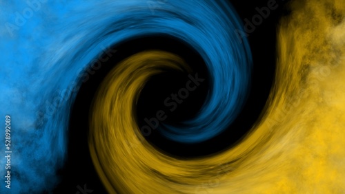 Dual swirl vortex smoked light effect blue and yellow on dark background. Dual tone flame backdrop