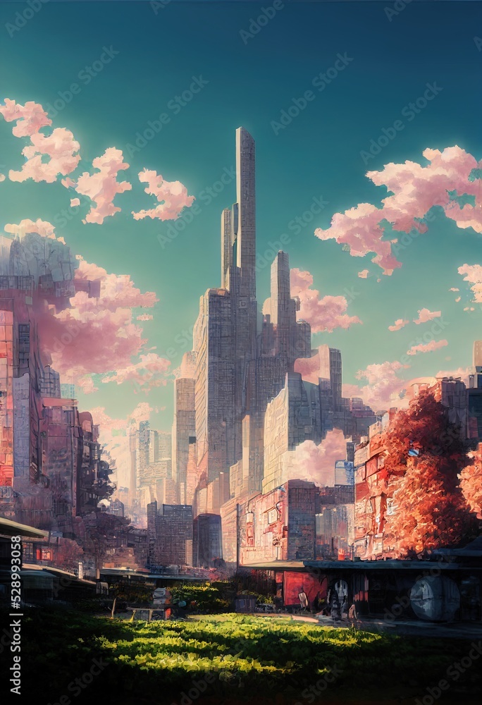 Landscape of a futuristic city in anime style illustration. Generative ...