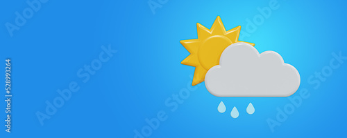 Weather forecast 3d icon. Partly cloudy with rain Weather forecast info icon on blue. Climate weather element. Trendy banner for Metcast report, meteo mobile app, business, web. photo