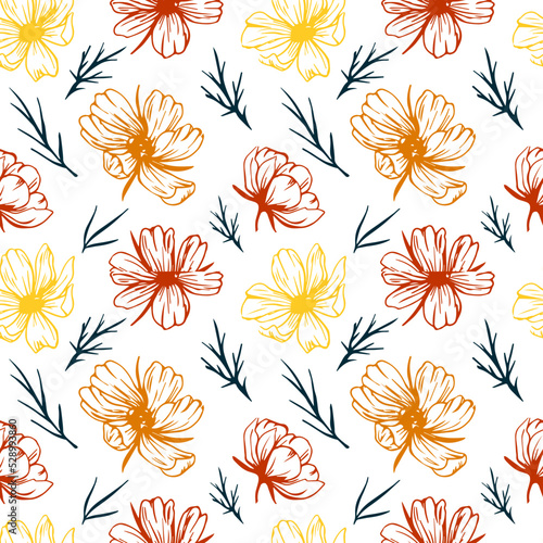 Chamomile vector pattern. Floral fabric print. Multicolored daisies. A color scheme. Summer. Autumn. Seamless floral pattern.