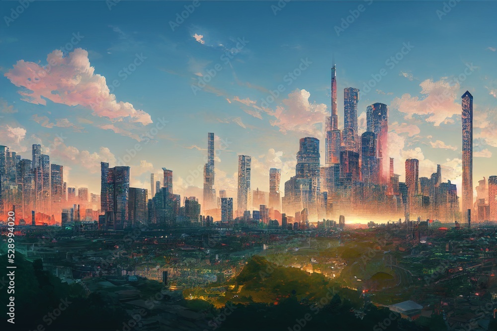 Landscape of a futuristic city in anime style illustration. Generative ...