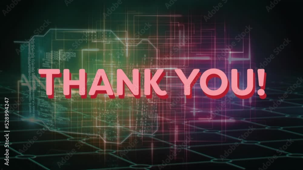 Animation of thank you text over shapes and data processing on black background Animation of thank you text over shapes and data processing on black background