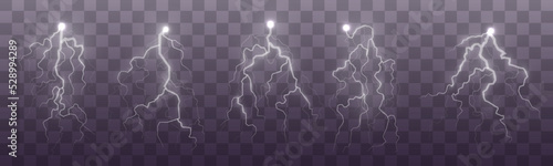 Lightning and thunder, glow and sparkle. Light and shine, abstract, electricity and explosion. Discharge electric current. Realistic stormy clouds with lighting effect on transparent background Vector