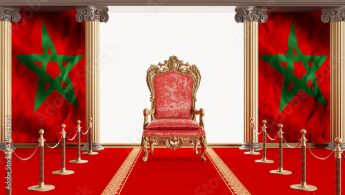 Foto 3D render of a red king throne between tow moroccan flag, morocco independence d