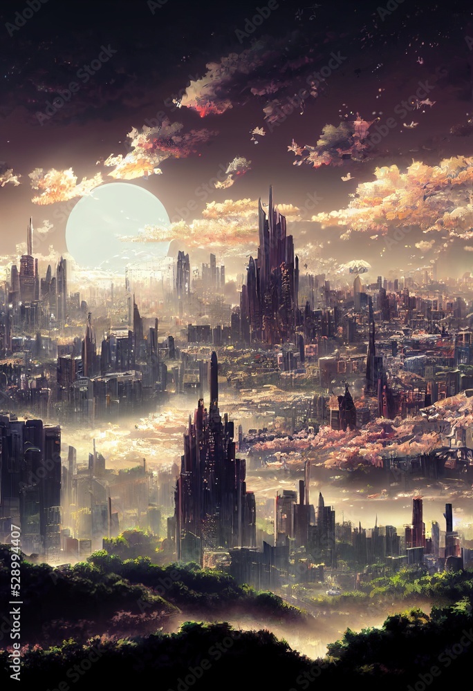 Landscape of a futuristic city in anime style illustration. Generative ...