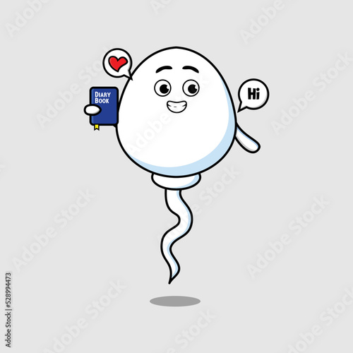 Cute cartoon sperm character holding diary book with happy expression in concept flat cartoon style