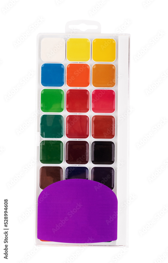 Fototapeta premium Top view of paintbrushes, colorful pants and markers on white table