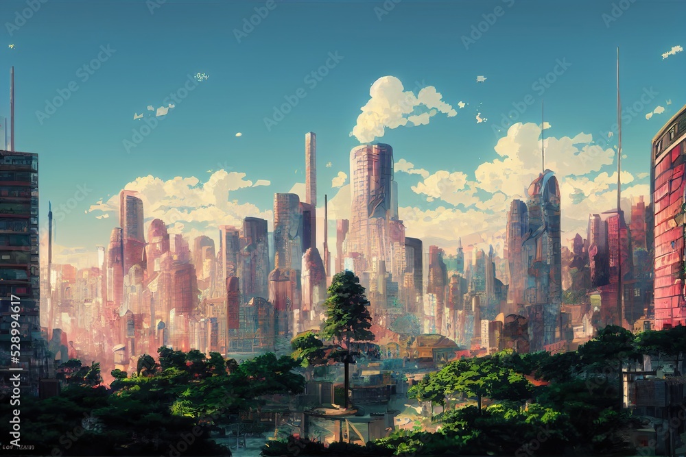 Landscape of a futuristic city in anime style illustration. Generative ...