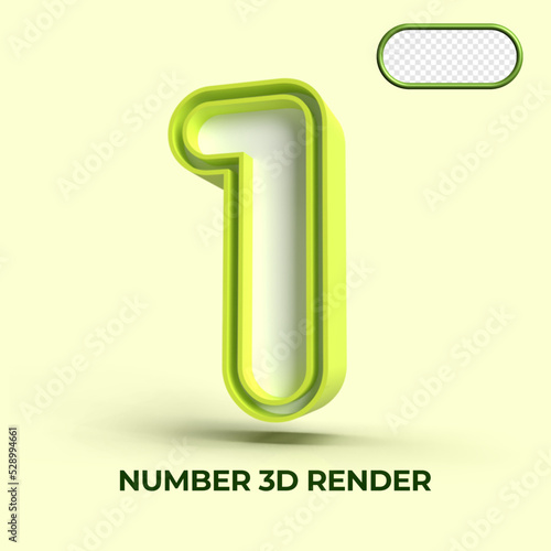 3D render number 1 green white colors for element design, kids number, cute number