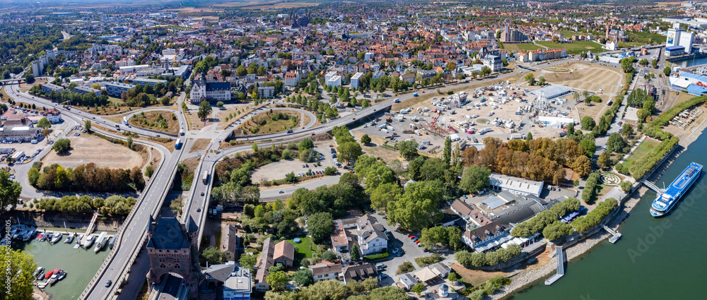 Aerial panorama view around the city Worms in Germany on a sunny day in summer.
