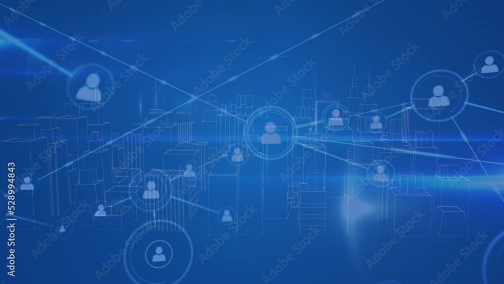 Animation of network of connections with icons over digital city on blue background Animation of network of connections with icons over digital city on blue background