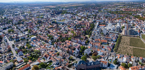 Aerial panorama view around the old town of the city Worms in Germany on a sunny day in summer.