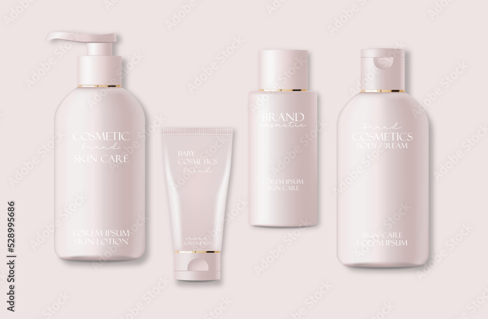Realistic package cosmetics set. Container lotion, tonic, serum, cream, bottle mockup isolated vector, packaging bottle cosmetics collection, plastic pink bottles cosmetics Realistic package cosmetics set. Container lotion, tonic, serum, cream, bottle mockup isolated vector, packaging bottle cosmetics collection, plastic pink bottles cosmetics