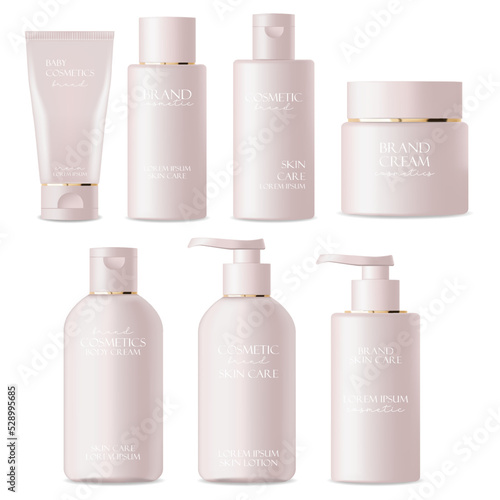 Realistic package cosmetics set. Container lotion, tonic, serum, cream, bottle mockup isolated vector, packaging bottle cosmetics collection, plastic pink bottles cosmetics