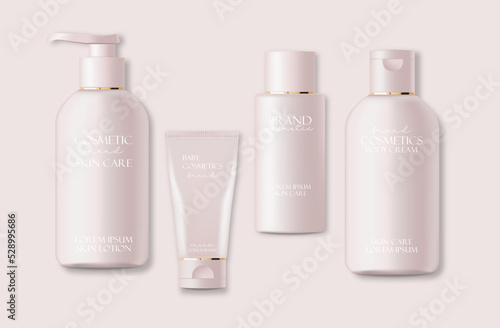 Realistic package cosmetics set. Container lotion, tonic, serum, cream, bottle mockup isolated vector, packaging bottle cosmetics collection, plastic pink bottles cosmetics