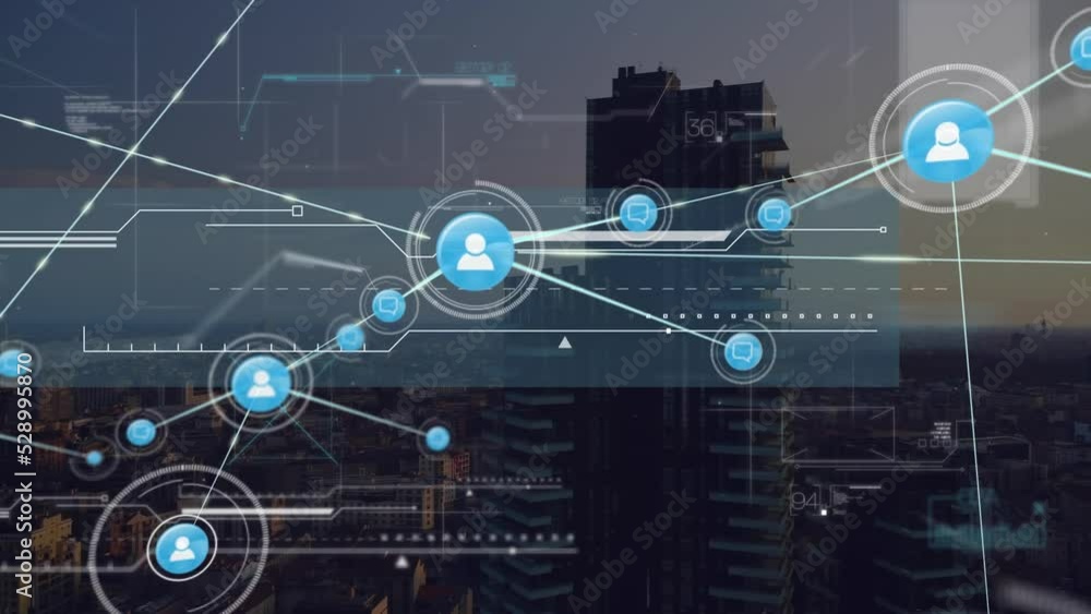 Animation of network of connections with icons and data processing over cityscape Animation of network of connections with icons and data processing over cityscape