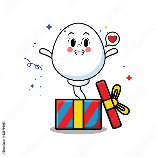 Cute cartoon sperm character coming out from big gift box look so happy in flat cartoon style