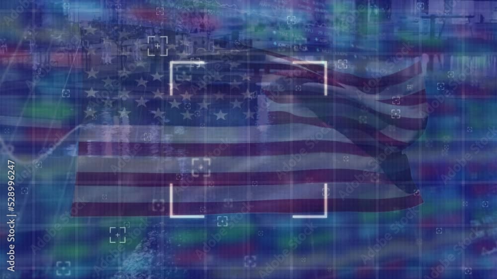 Animation of financial data processing over flag of usa Animation of financial data processing over flag of usa