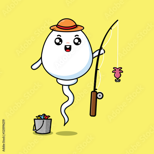 Cute cartoon sperm ready fishing wearing fishing equipment cartoon character in flat cartoon style