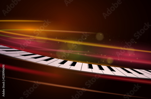 music background Curved piano keys on light trails gold and red circle abstract on a black background