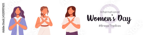 Women's international day banner. Horizontal poster with a group of womens of different ethnic group crossed their arms. Break the bias campaign. Flat vector illustration