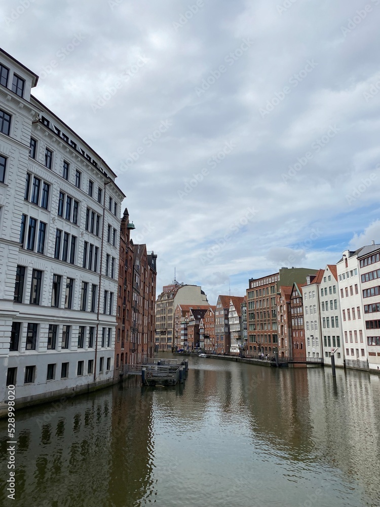 View of a canal in the Speicherstadt in Hamburg