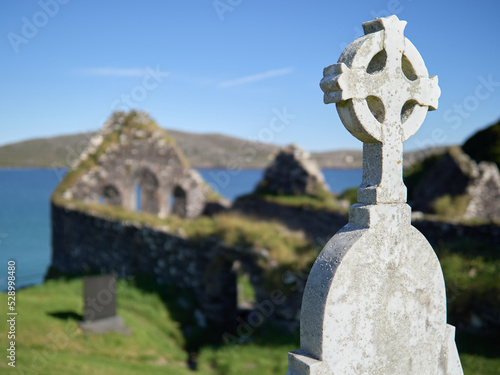 Celtic cross in an abbey near Derrynane beach, Ireland