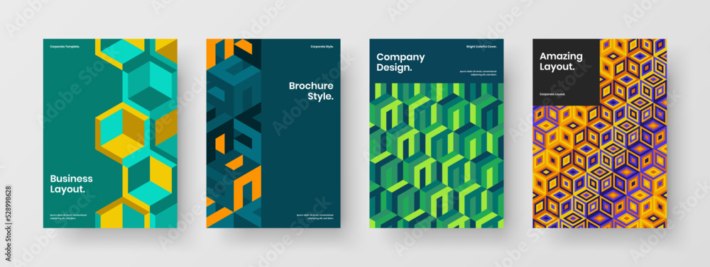 Fototapeta premium Fresh placard vector design illustration set. Amazing mosaic hexagons company cover concept bundle.
