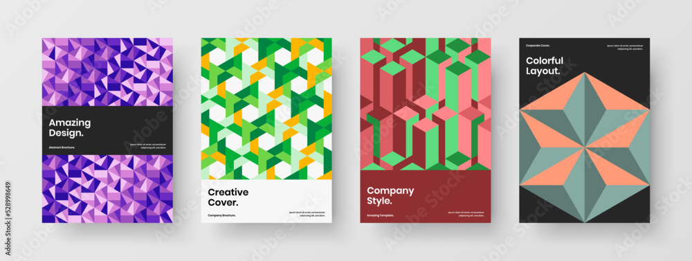 Abstract journal cover A4 design vector illustration collection. Original mosaic pattern brochure template composition.