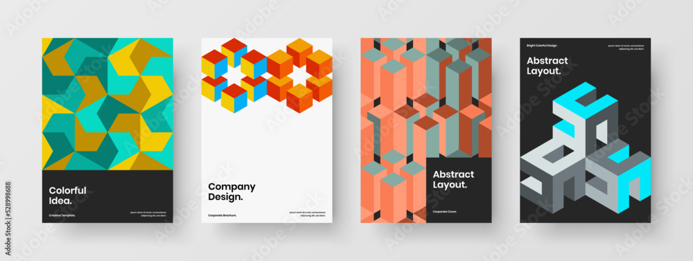 Fresh mosaic tiles flyer illustration composition. Vivid corporate cover A4 vector design concept bundle.