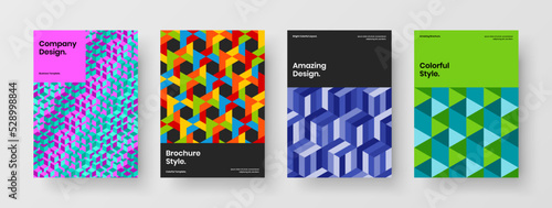 Premium geometric hexagons annual report illustration collection. Vivid book cover A4 vector design concept set.