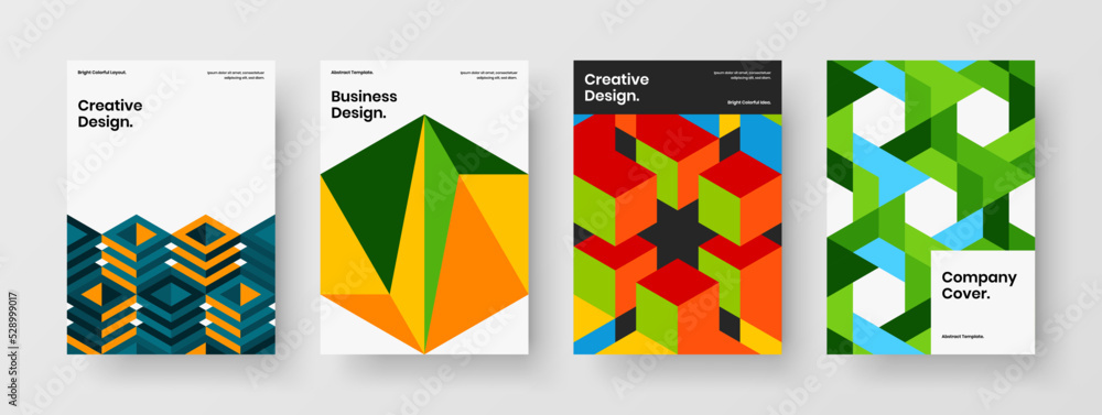 Multicolored geometric shapes brochure concept set. Clean cover design vector template bundle.