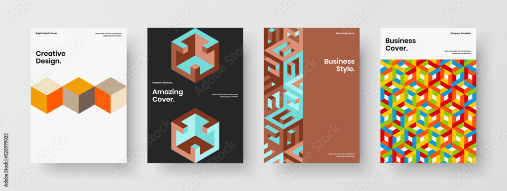 Vivid mosaic shapes placard template collection. Abstract magazine cover design vector illustration set.