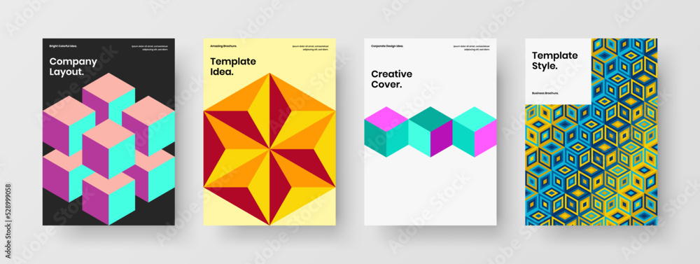 Colorful annual report A4 vector design illustration composition. Simple geometric tiles brochure concept bundle.