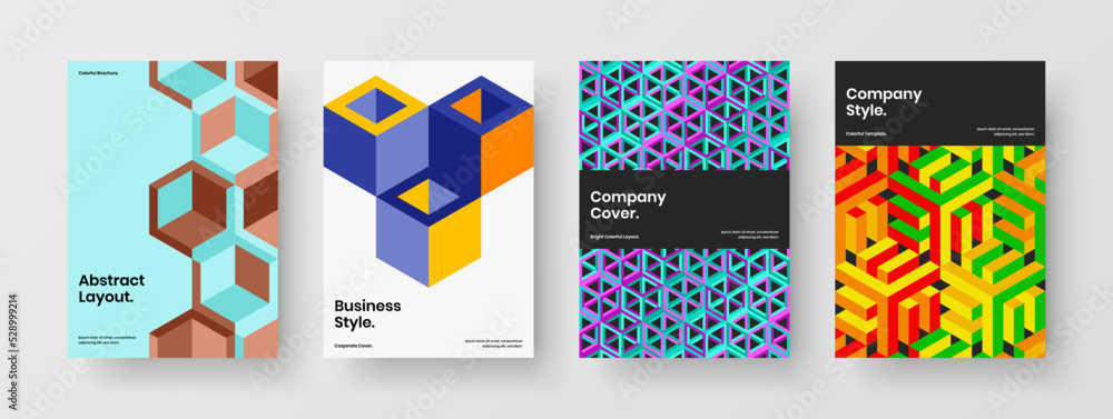 Unique geometric pattern leaflet layout bundle. Isolated pamphlet design vector template set.