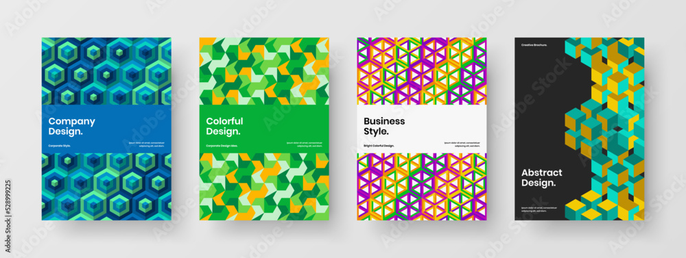 Original magazine cover design vector template set. Trendy geometric hexagons leaflet illustration bundle.