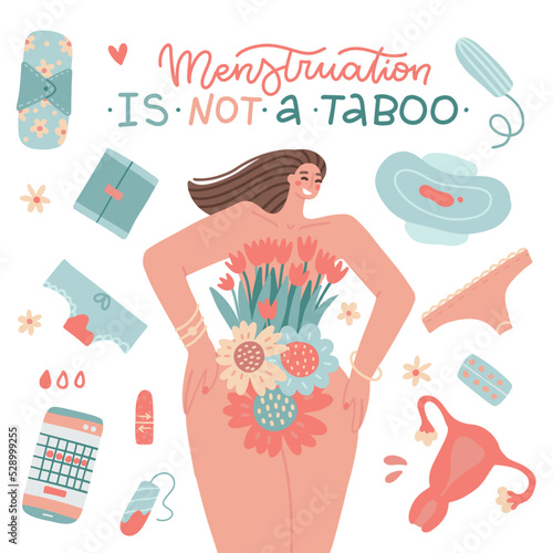 Female menstruation elements set. Women with period and hygiene product tampon, sanitary pads and menstrual calendar. First period, menstrual accessory tampon flat hand drawn vector illustration