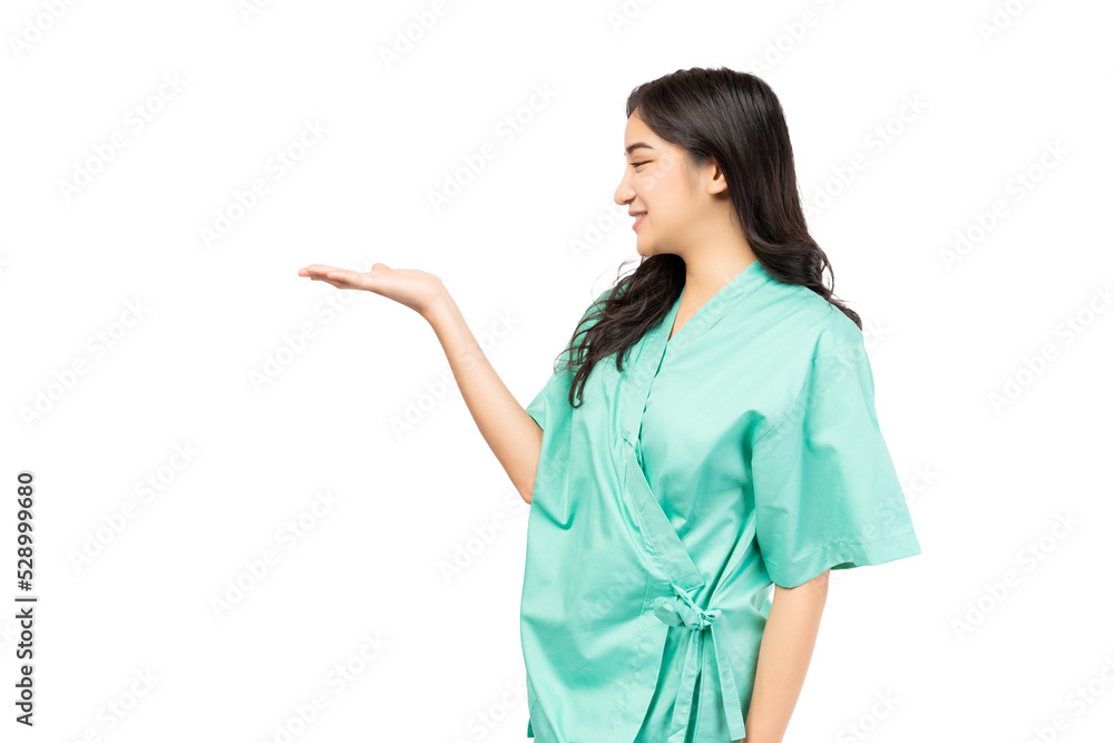 Ill person holding copy space imaginary on her palm to insert advertising or product Young Asian woman wearing patient outfits Patient Insurance Health care Personal accident concept Isolated on white Ill person holding copy space imaginary on her palm to insert advertising or product Young Asian woman wearing patient outfits Patient Insurance Health care Personal accident concept Isolated on white