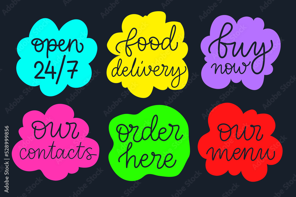 Set for food service. Neon colors. Vector lettering illustration. Retro print. Icon of service open 24h hours a day and 7 days a week. Concept of online shopping, food delivery.