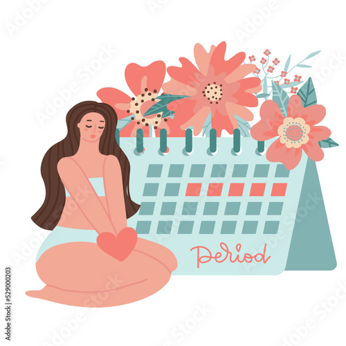 Body positive girls or young women and huge PMS calendar, menstruation tracker or calculator with flowers. Female menstrual period, PMS and blood is normal.