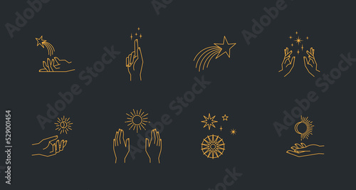 Aesthetic astral hands. Collection of cosmic and celestial elements with sun, moon and stars. Isolated editable linear vectors.