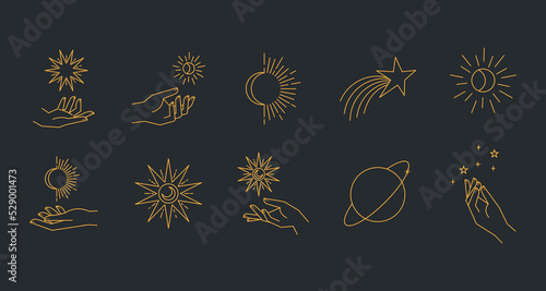 Aesthetic astral hands. Collection of cosmic and celestial elements with sun, moon and stars. Isolated editable linear vectors.