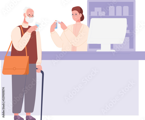 Senior in pharmacy store interior. Old man buying drugs