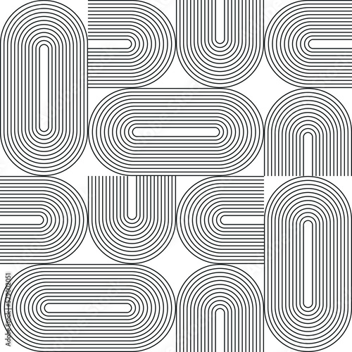 Abstract irregular seamless geometric pattern. Circles and semicircles in retro style on white background. Modern vector illustration.