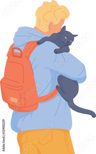 Man carrying cat. Happy pet owner with lovely kitten