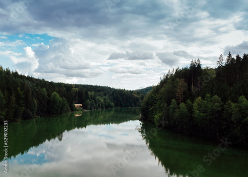 Aerial view to meandr with wood building on river Vltava. Czech landscape