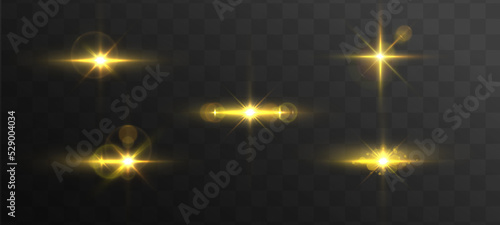 Blurred sequins set. Lens glints or camera flash. Effect glare, yellow explosion. Golden bokeh lights glitter. Blur sun flash with rays spotlight. Glowing line, sunrise, shining gold stars. Vector